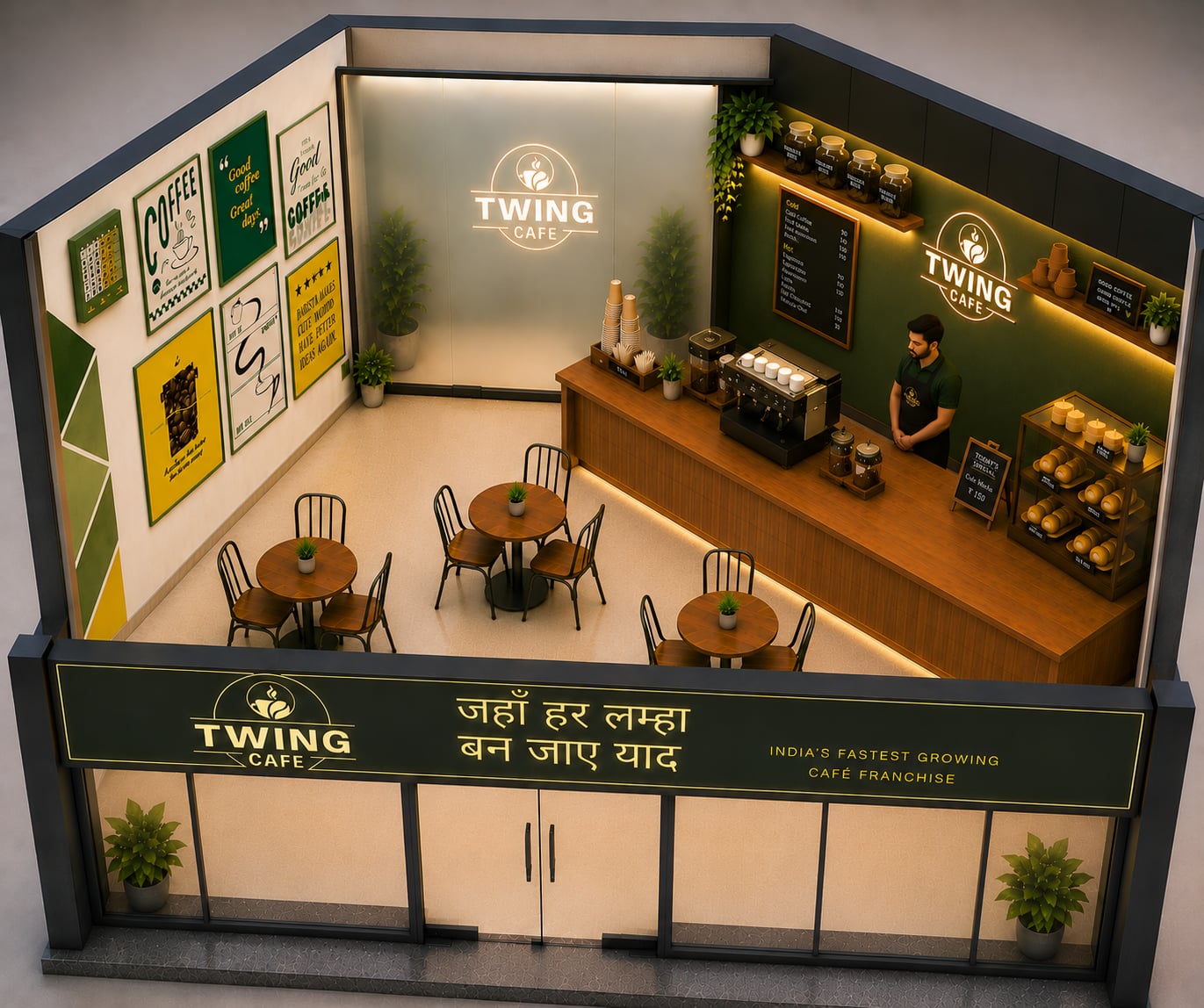 Twing Cafe franchise isometric cutaway render showing the full storefront and interior layout