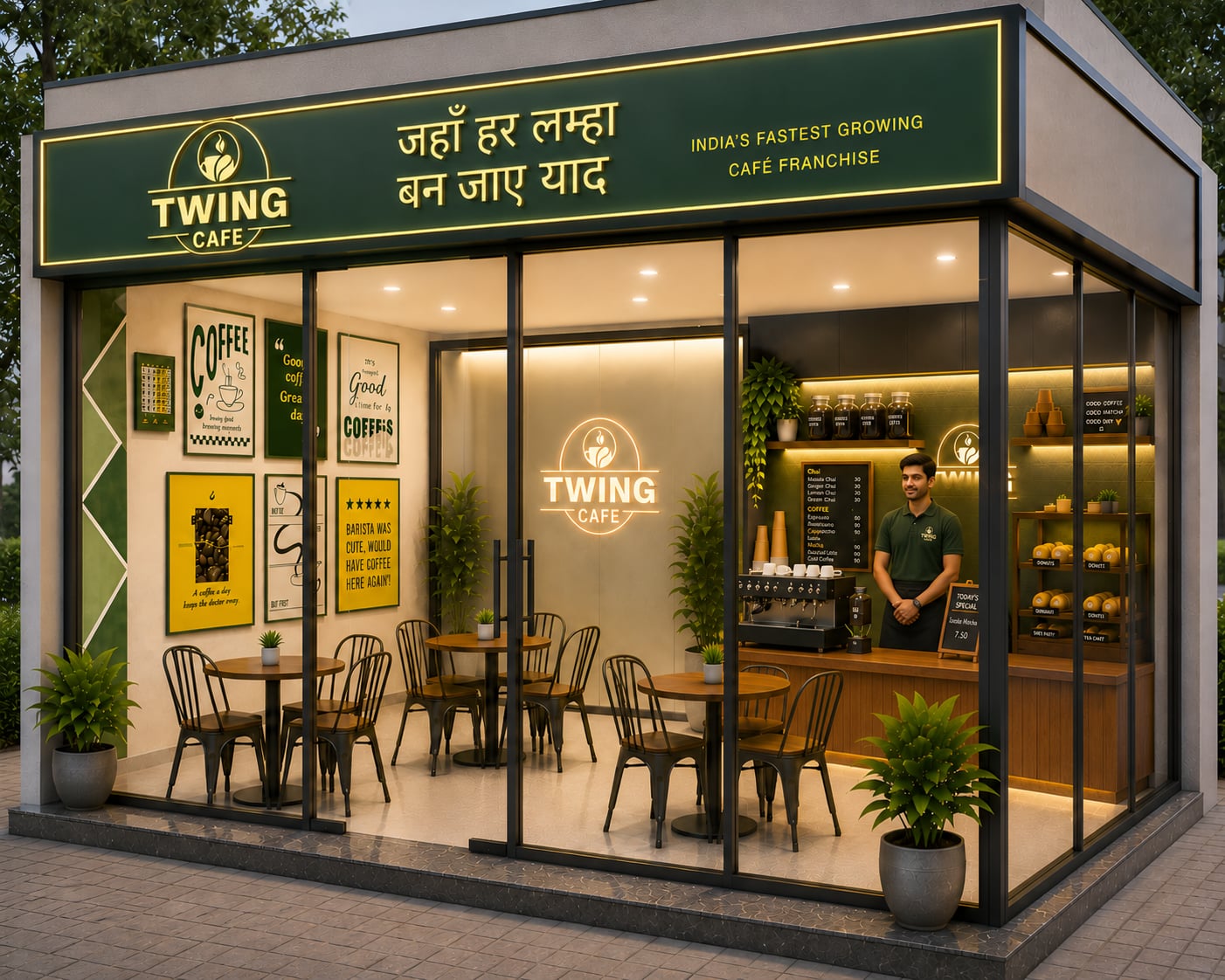 Twing Cafe franchise glass storefront exterior 3D render at dusk