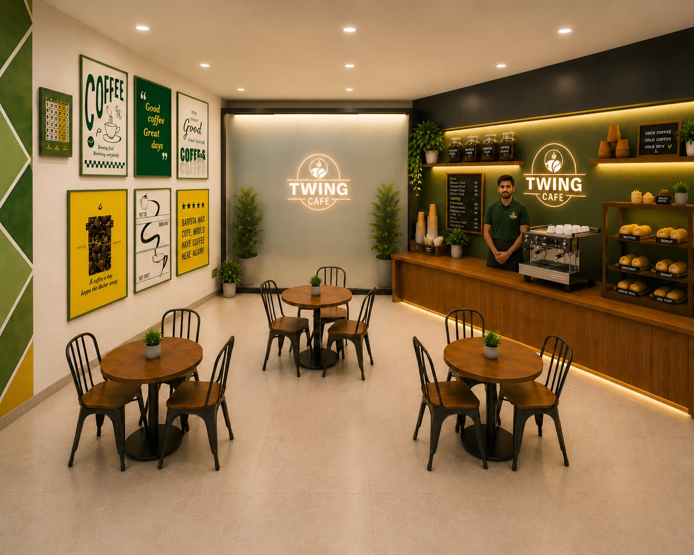 Twing Cafe franchise interior seating area and service counter 3D render