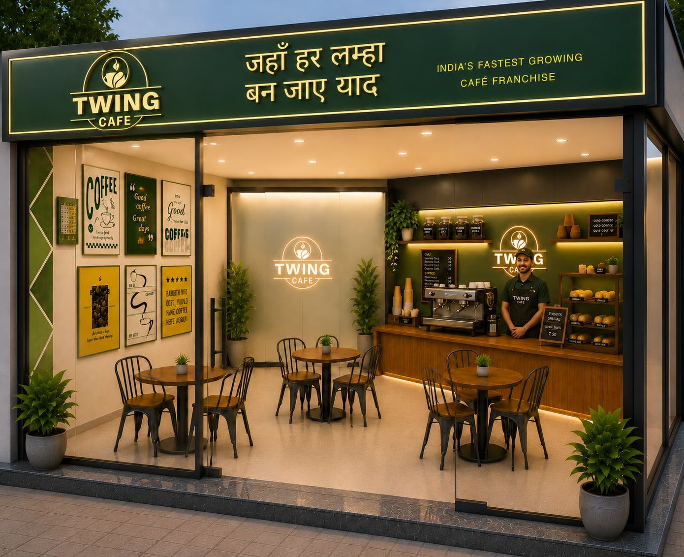 Twing Cafe franchise exterior entrance and signage 3D render