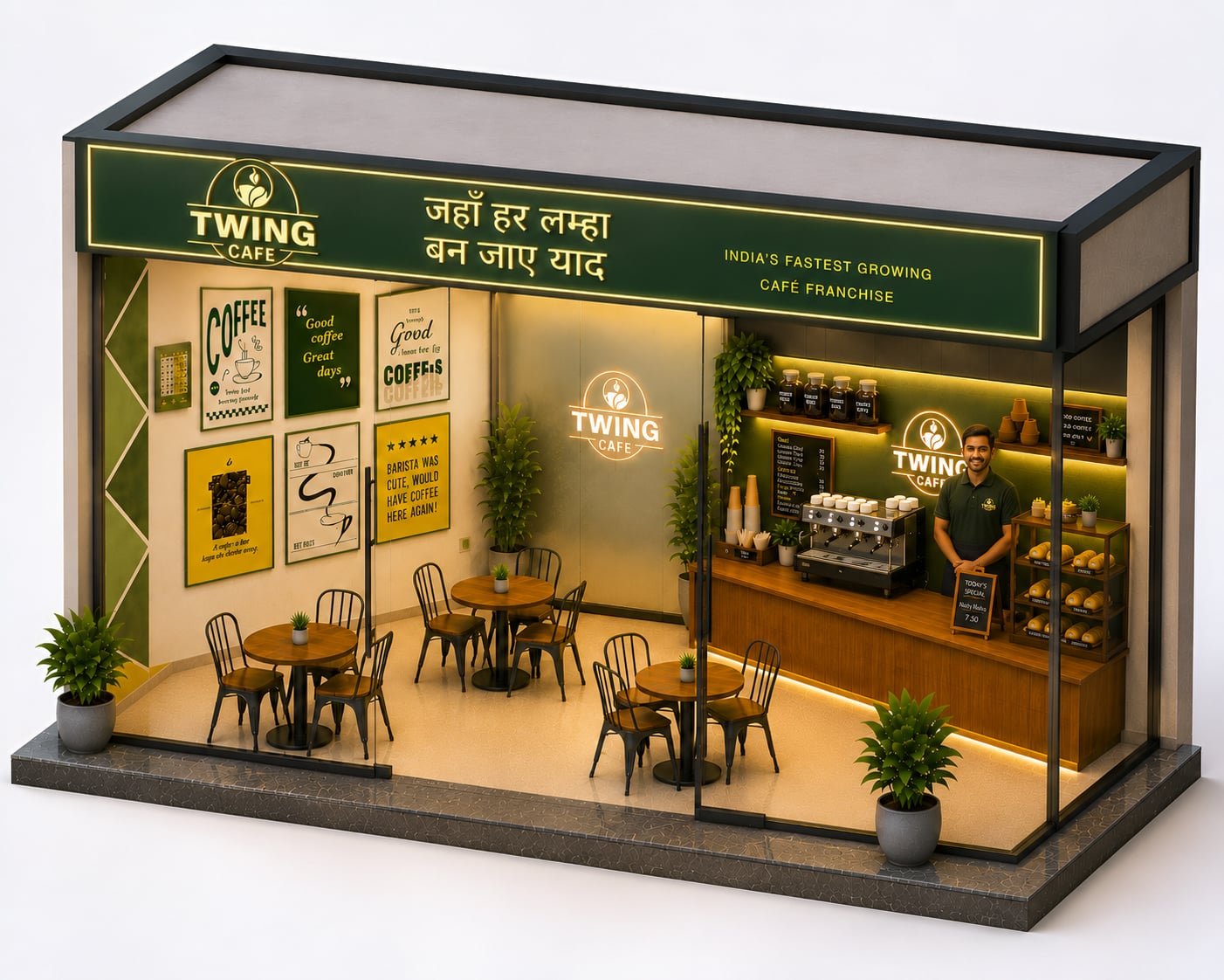 Twing Cafe franchise full floating isometric café model 3D render